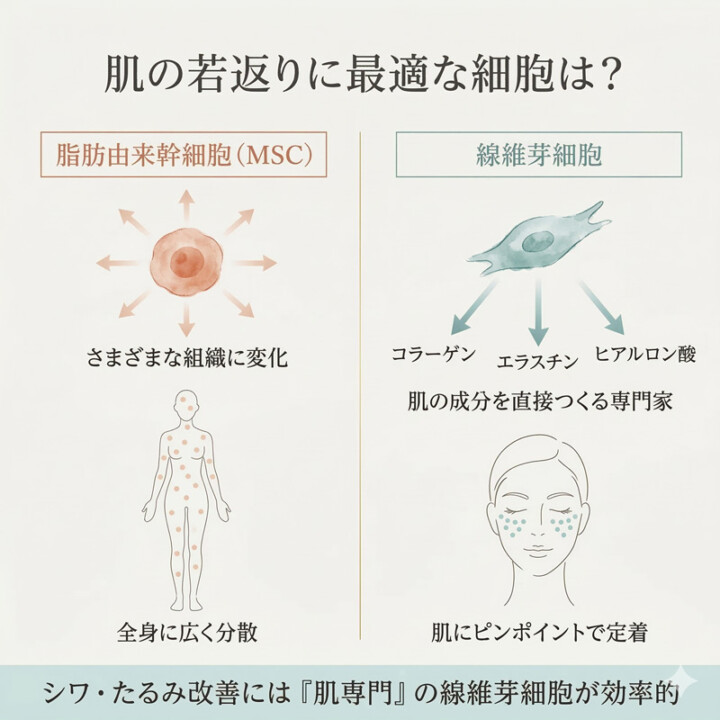 脂肪由来幹細胞と線維芽細胞の違いを比較したインフォグラフィック：多分化能で全身に分散するMSCと、肌にピンポイントで定着しコラーゲンを生成する線維芽細胞の対比図