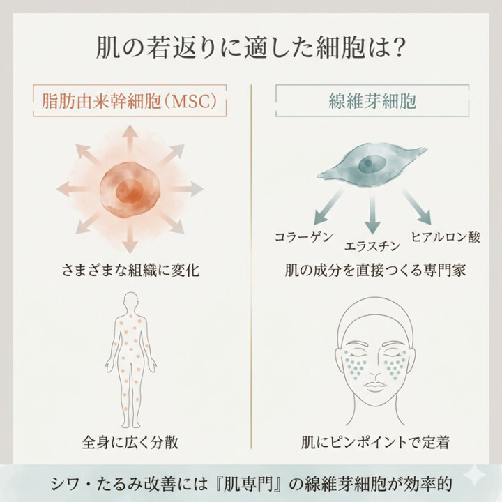 脂肪由来幹細胞と線維芽細胞の違いを比較したインフォグラフィック：多分化能で全身に分散するMSCと、肌にピンポイントで定着しコラーゲンを生成する線維芽細胞の対比図