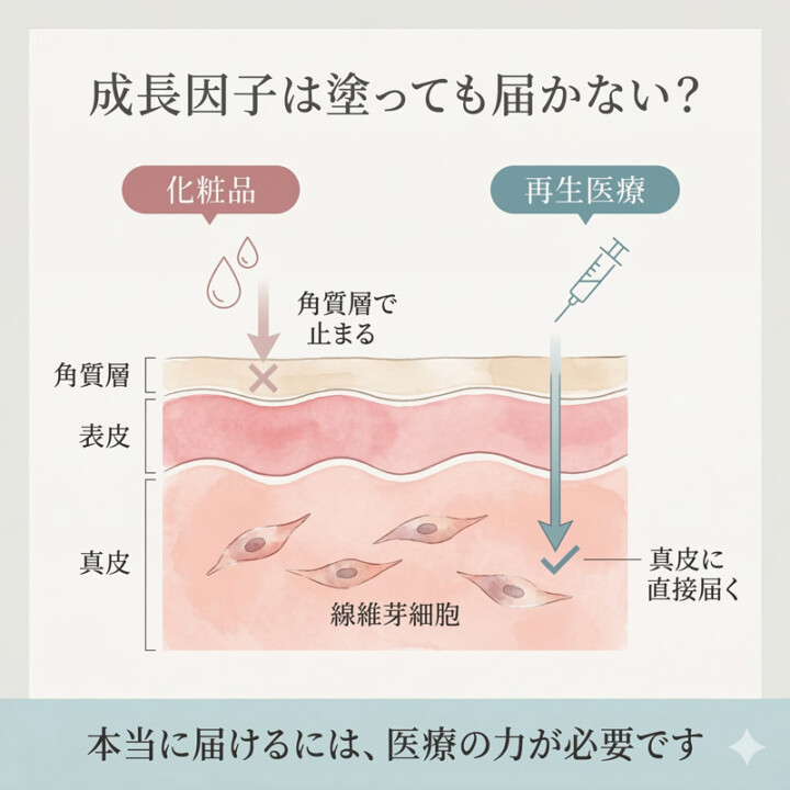 500ダルトンルールを図解したインフォグラフィック：皮膚断面図で化粧品の成長因子（分子量約6,000）が角質層で止まる様子と、医療注入で真皮の線維芽細胞まで届く様子を比較