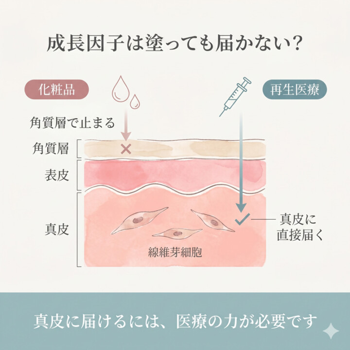 500ダルトンルールを図解したインフォグラフィック：皮膚断面図で化粧品の成長因子（分子量約6,000）が角質層で止まる様子と、医療注入で真皮の線維芽細胞まで届く様子を比較