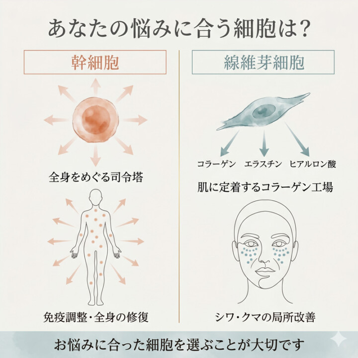 幹細胞は全身をめぐる司令塔、線維芽細胞は真皮でコラーゲンを作る肌専門の工場。幹細胞治療と線維芽細胞療法の役割の違いを比較した図解