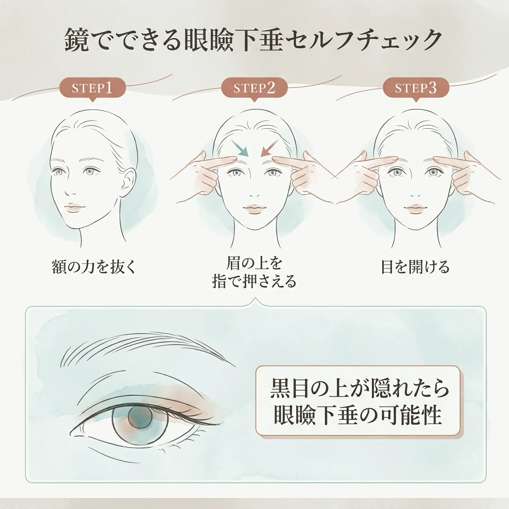 眼瞼下垂のセルフチェック手順。額の力を抜き、眉の上を指で押さえて目を開け、黒目の上が隠れたら可能性ありと判定する3ステップの図解