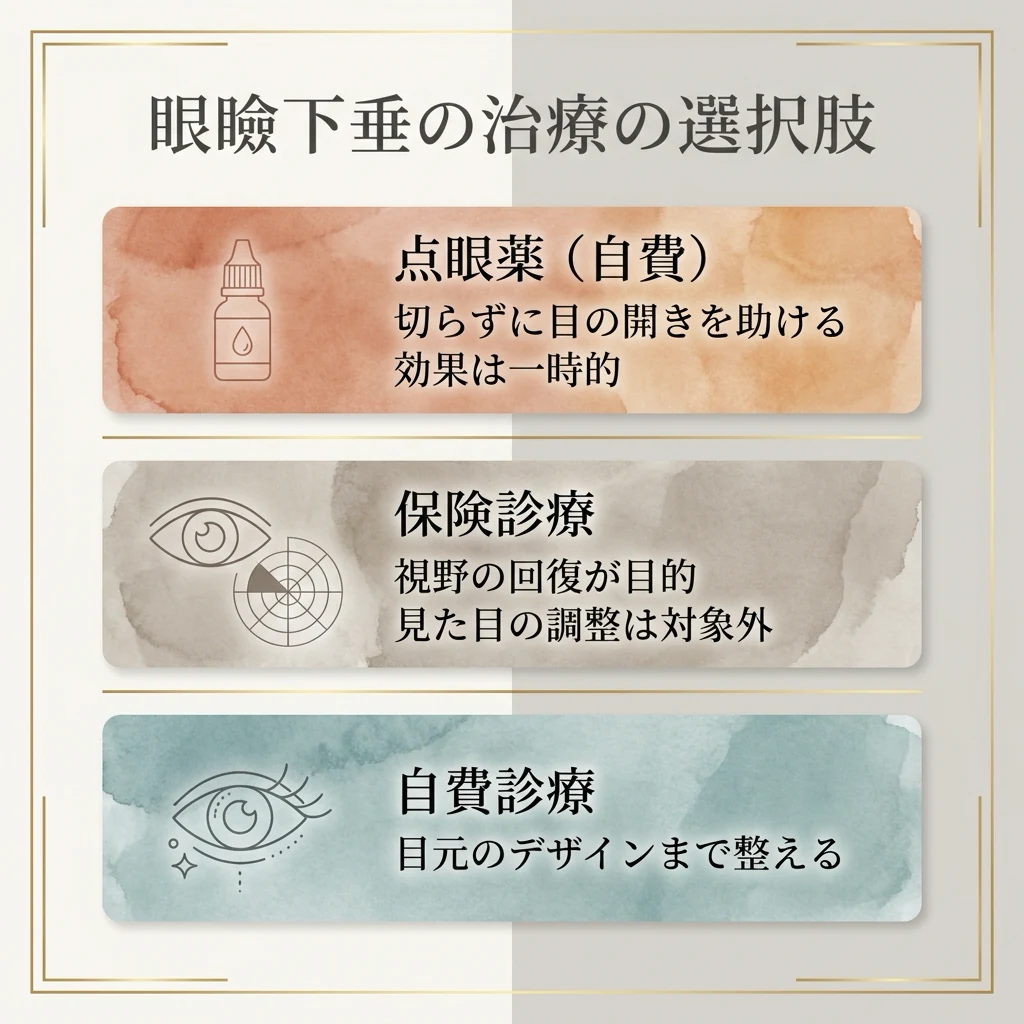 眼瞼下垂の治療の選択肢を整理した図。点眼薬は切らずに一時的に目を開きやすく、保険診療は視野回復が目的、自費診療は目元のデザインまで整える
