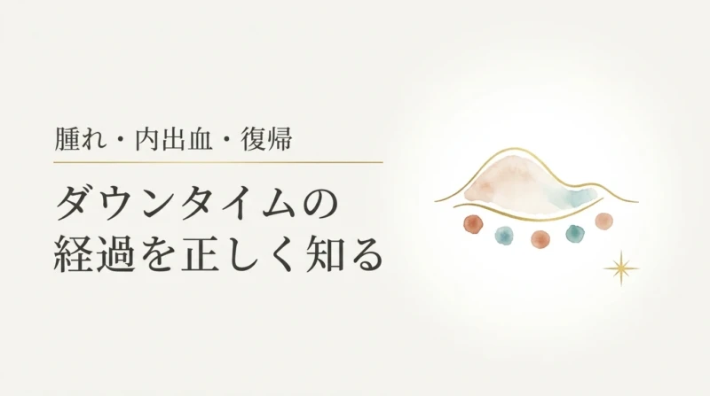 眼瞼下垂手術のダウンタイムの経過をテーマにしたアイキャッチ。日数の経過に沿って腫れが引いていく波形とまぶたの輪郭のラインアートを配置