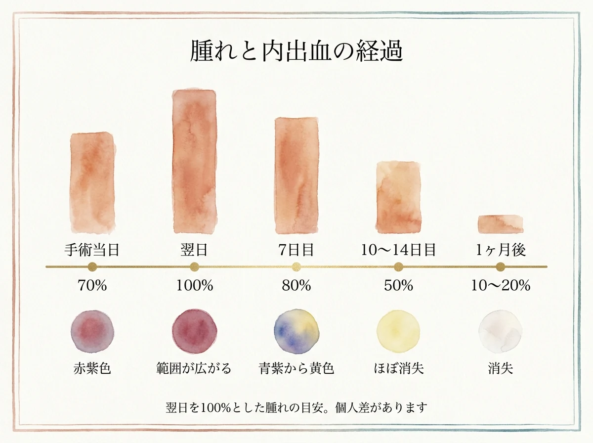 眼瞼下垂手術後の腫れと内出血の経過を示した図。腫れは術後翌日がピークで、7日目に約80%、抜糸時期の10〜14日目に約50%、1ヶ月後に10〜20%まで引く