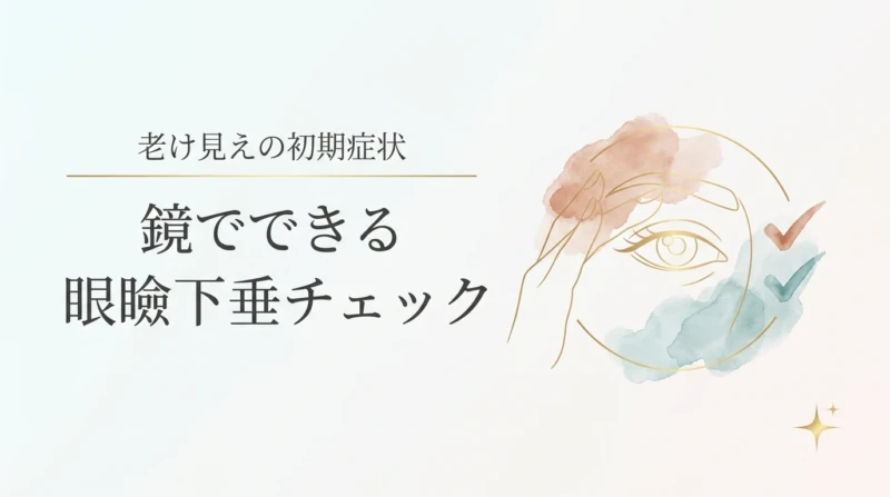 眼瞼下垂のセルフチェックをテーマにしたアイキャッチ。目もとの輪郭と眉を押さえる手のラインアート、チェックマークを配置