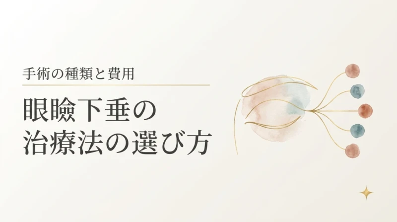 眼瞼下垂の治療法の選び方をテーマにしたアイキャッチ。治療の選択肢が枝分かれする分岐ラインの水彩モチーフを配置