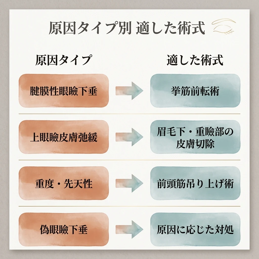 眼瞼下垂の治療法を原因タイプ別に整理した図。腱膜性は挙筋前転術、皮膚のたるみは皮膚切除、重度・先天性は前頭筋吊り上げ術、偽眼瞼下垂は原因に応じた対処