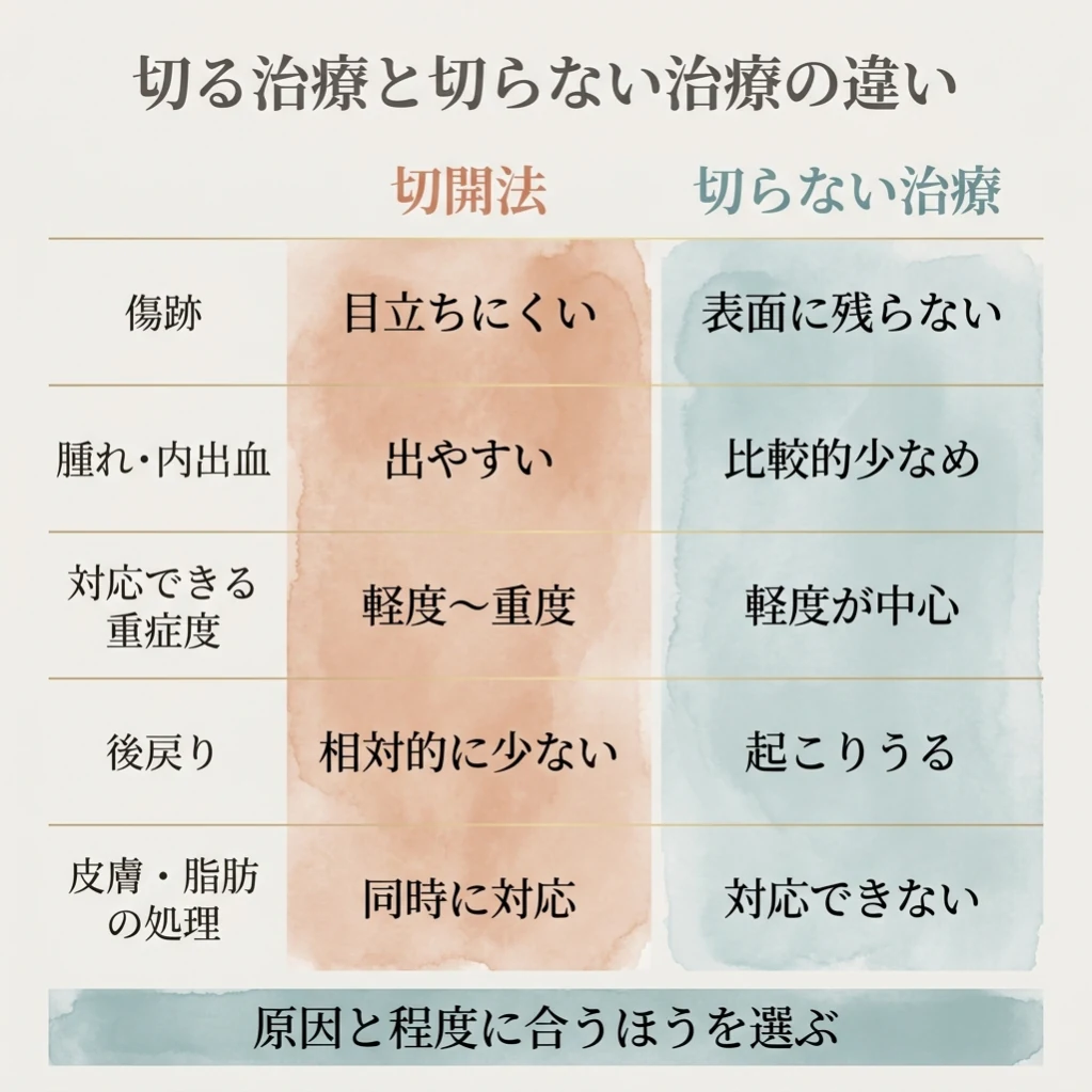 眼瞼下垂の切る治療と切らない治療を比較した図。切開法は皮膚のたるみを含め中等度以上に対応、切らない治療は傷が残らず軽度向き。原因と程度に合う方を選ぶ