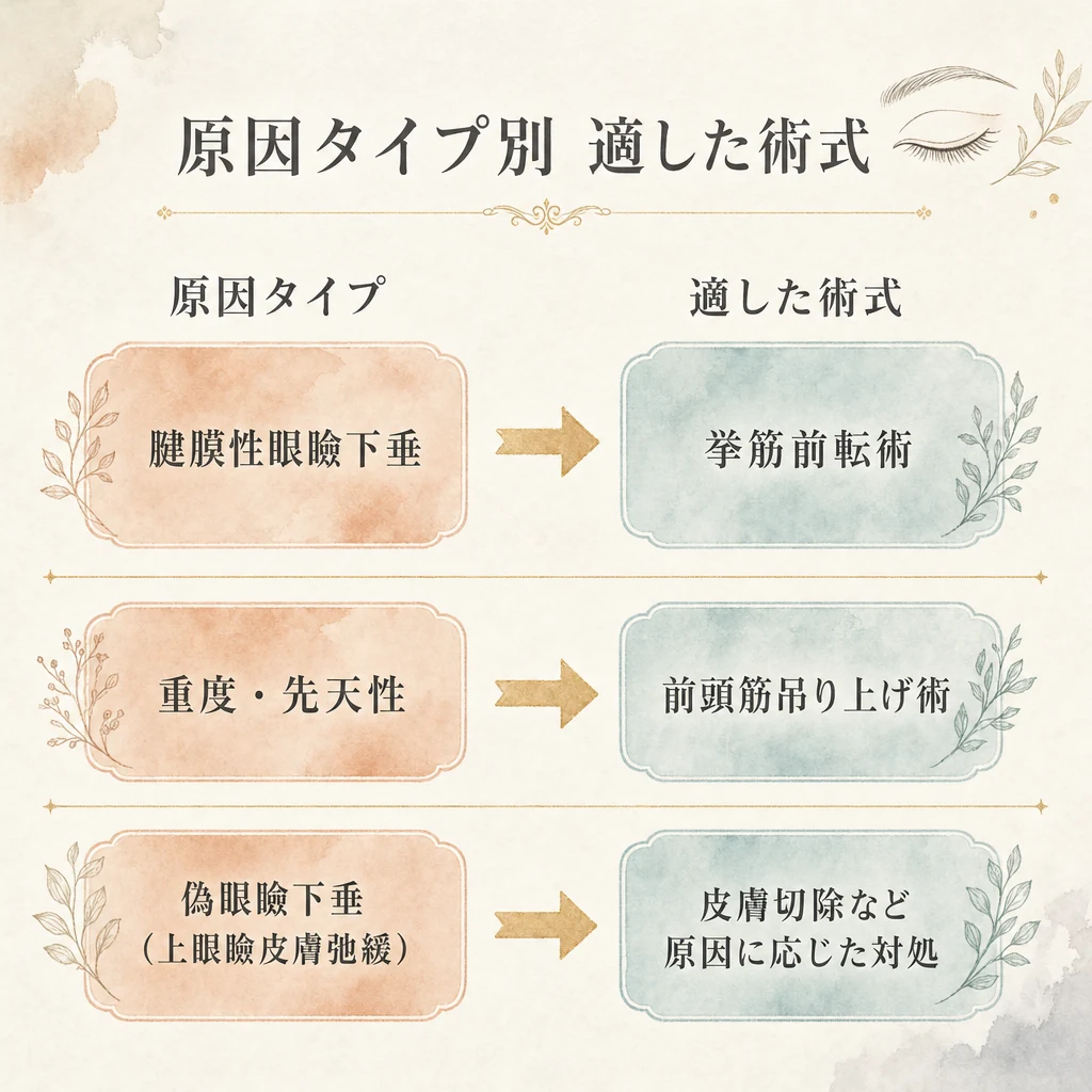 眼瞼下垂の原因タイプ別に適した術式を整理した図。腱膜性は挙筋前転術、重度・先天性は前頭筋吊り上げ術、偽眼瞼下垂は皮膚切除など原因に応じた対処